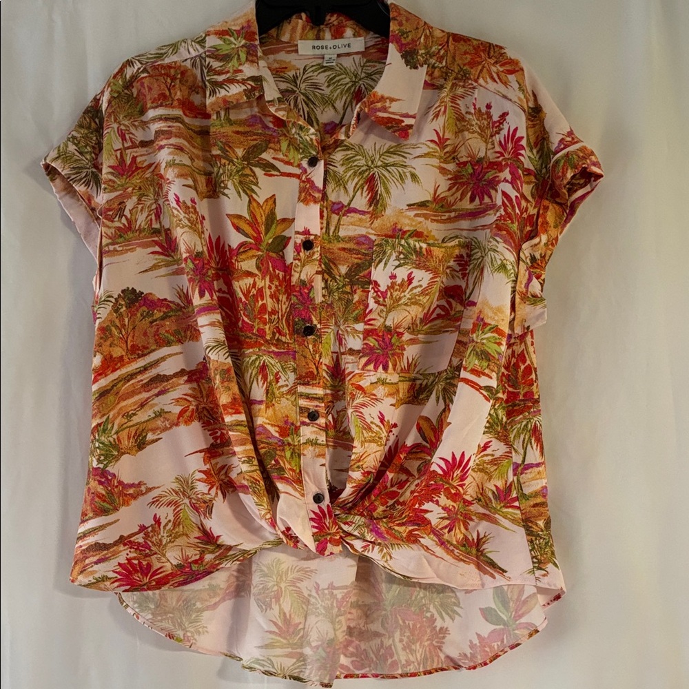 Rose & Olive Pink Tropical Button-Front Womens Shirt